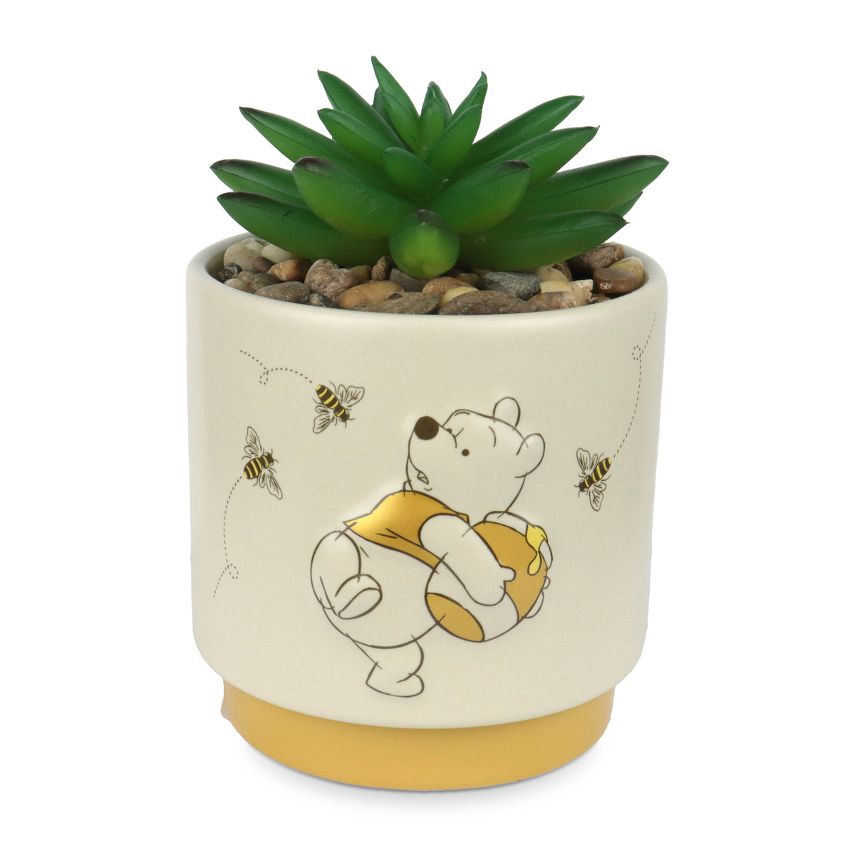Winnie-Puuh-Blumentopf mit Bienenmotiv, Pflanze und Steinen – Vorderansicht