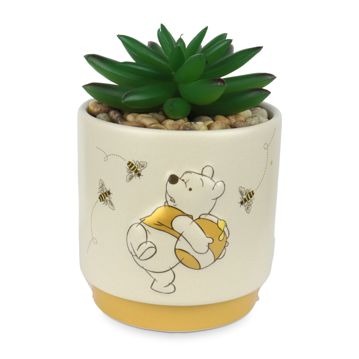 Winnie-Puuh-Blumentopf mit Bienenmotiv, Pflanze und Steinen – weitere Ansicht